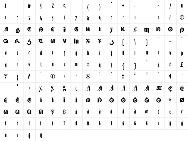 Bastard Bold  glyph index