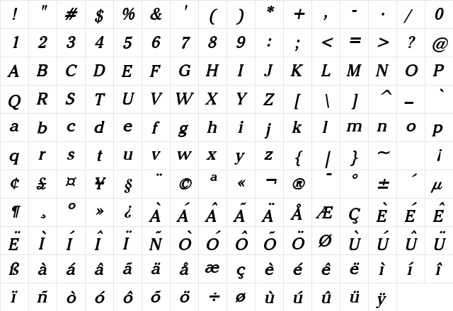 Chelsey Bold Italic  glyph index