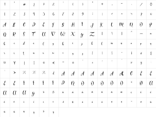 allisa Regular  glyph index