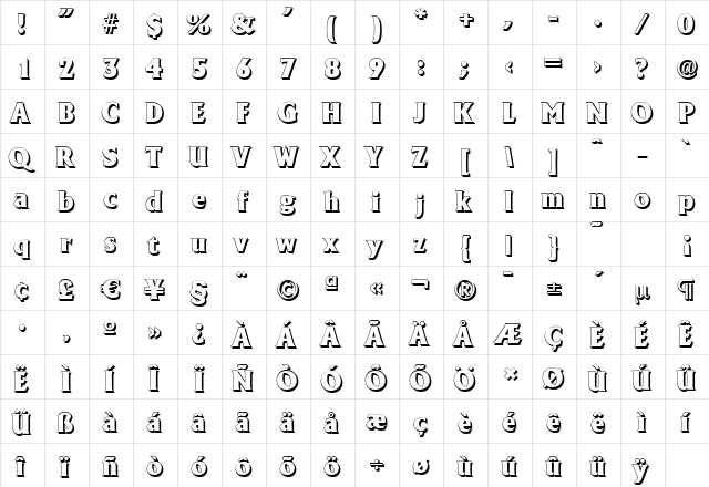 AdelonShadow-Heavy Regular  glyph index