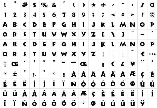 Sinfonie Regular  glyph index