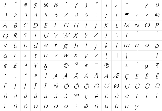 Columbia-Serial-ExtraLight RegularItalic  glyph index