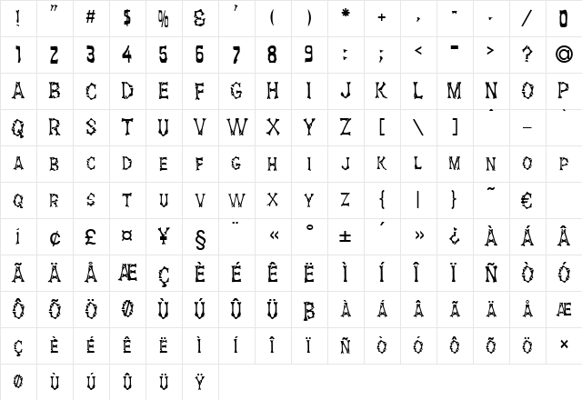 Skelett Regular  glyph index