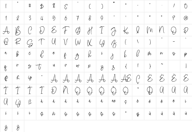Bluettelli Regular  glyph index