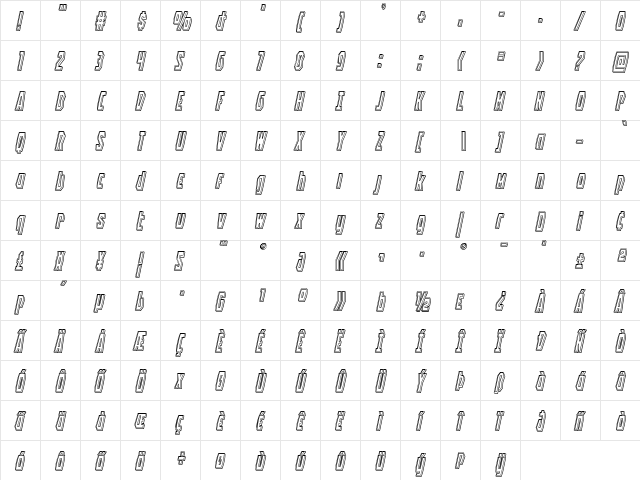 Battleworld Engraved Italic Italic  glyph index