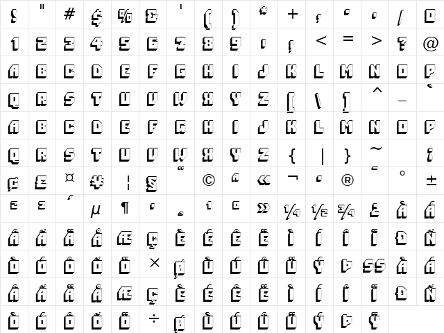 Pioneer BT Regular  glyph index
