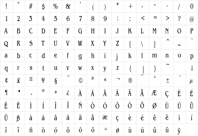 GazetteCondensed Regular  glyph index
