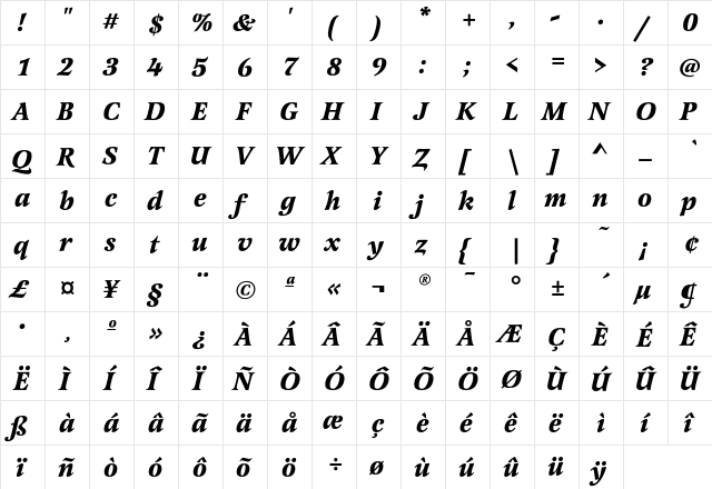 LatienneEF-BoldItalic Regular  glyph index