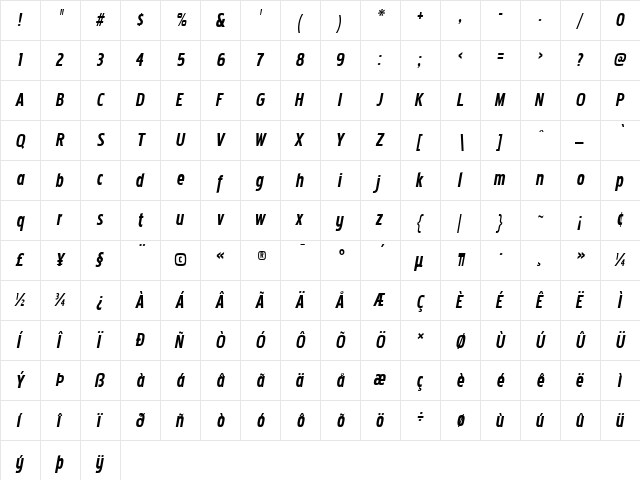 Pakenham Cnd Bold Italic  glyph index