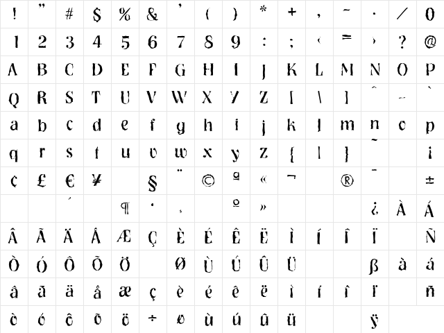 NashvilleRandom Regular  glyph index
