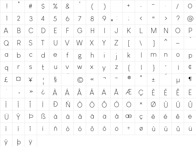 Louis George Cafe Light Regular  glyph index