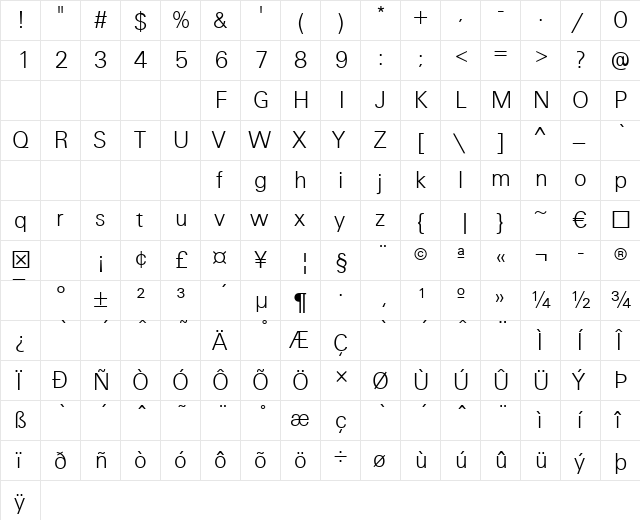 TestSans Light Regular  glyph index