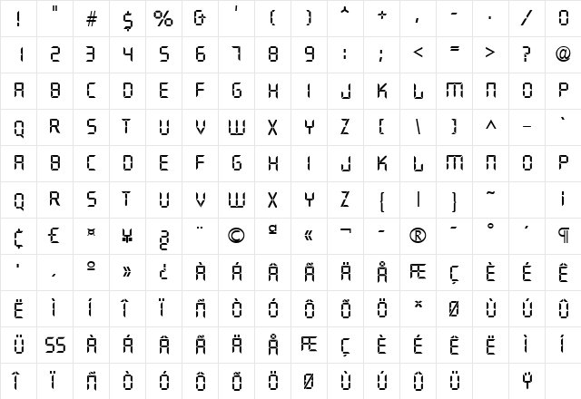 Quartz DB Regular  glyph index