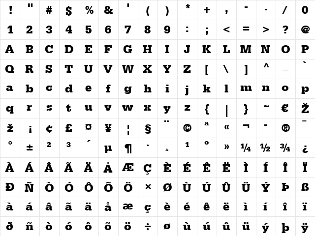 Serifa LT 55 Roman Bold  glyph index