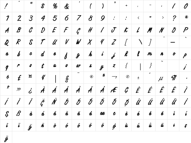 Freestyle Script Bold  glyph index