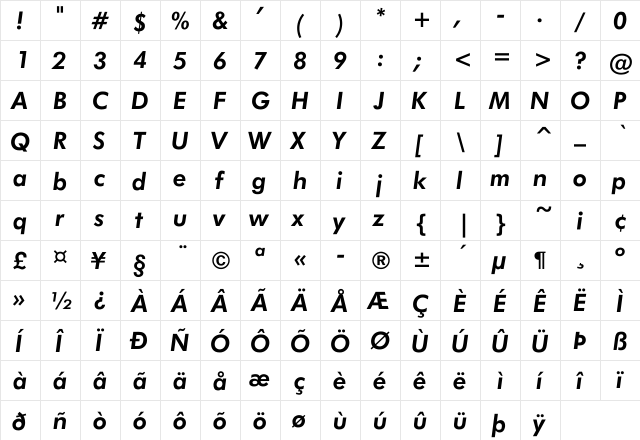 Jensen Bold Italic Regular  glyph index