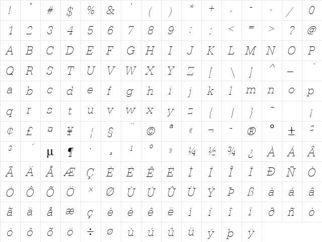 URWTypewriterTExtLigNar Oblique  glyph index