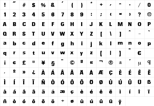 Rochester-ExtraBold Regular  glyph index