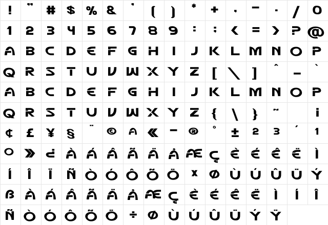 Mecha Oblique Regular  glyph index