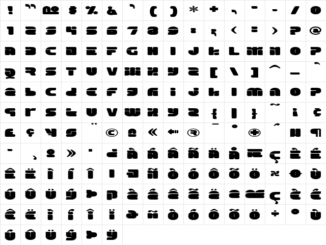 Eraser Regular  glyph index