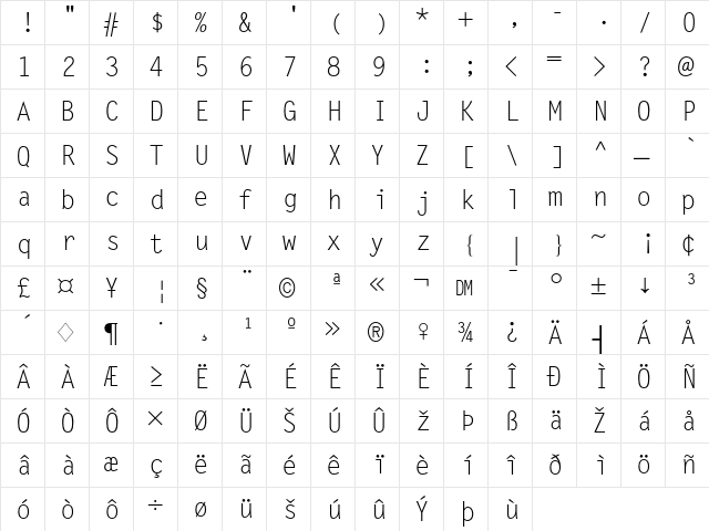 Letter Gothic Regular  glyph index