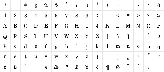 CenturySchoolbook-Thin Regular  glyph index