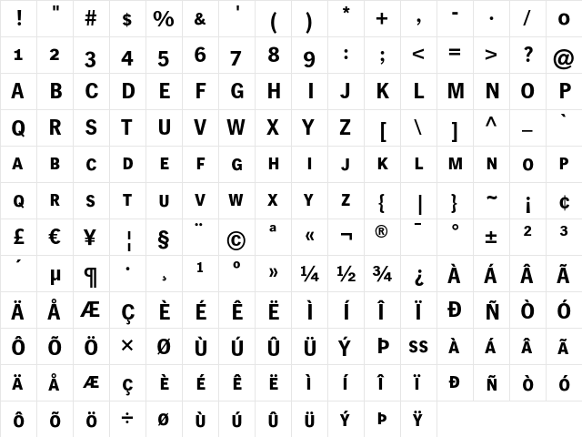 HeidelbergGothicSC Bold  glyph index