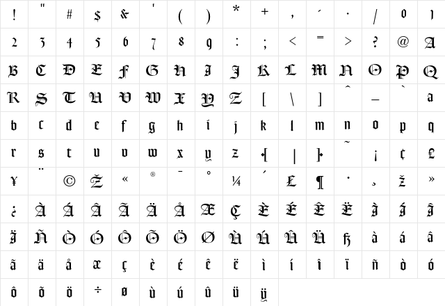 FrederickText Regular  glyph index
