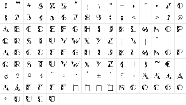 Glamour Regular  glyph index
