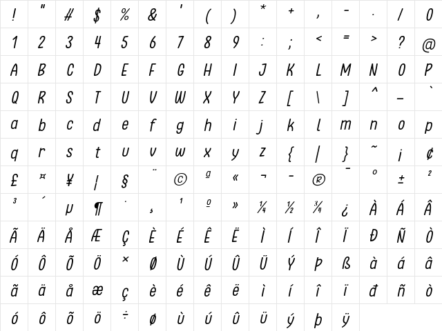 Clambake October Six Italic  glyph index