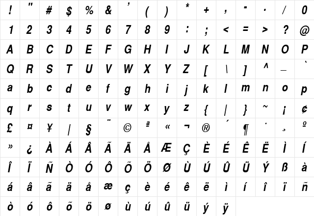 SwitzerlandNarrow Bold Italic  glyph index