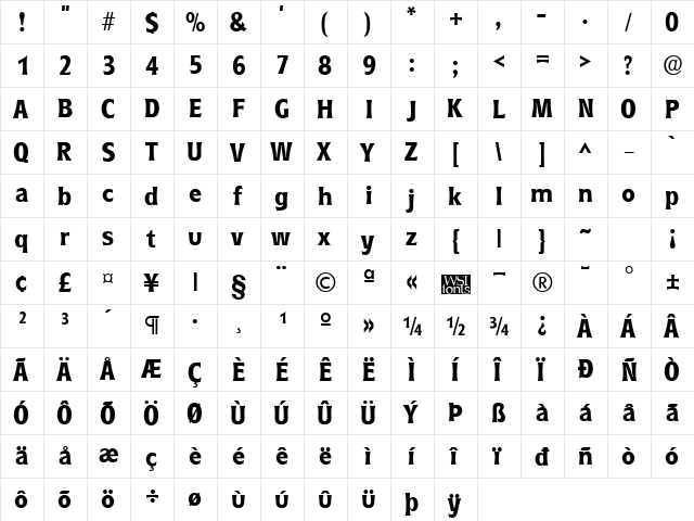 RyndersExtraBold Regular  glyph index