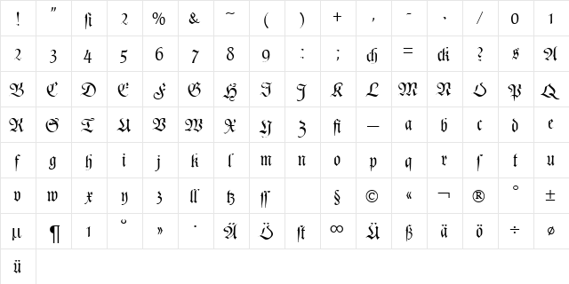 PoemFraktur DB Regular  glyph index