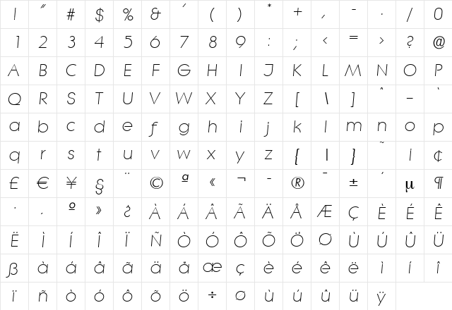 BradBecker-Light Italic  glyph index