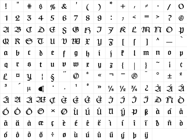 Claudius Regular  glyph index