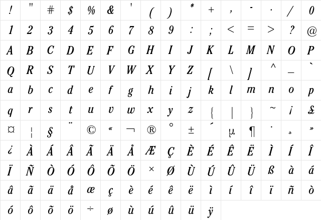 Cheltenham ITC BQ Regular  glyph index