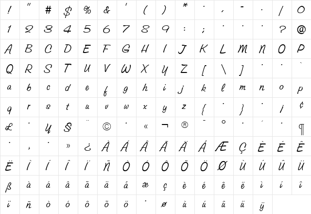 GroveScriptLight Roman  glyph index