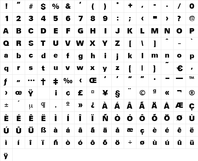 Ultimate-Bold Regular  glyph index