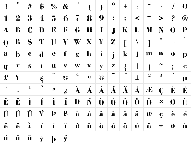 Bodoni Fragile Dirt Regular  glyph index