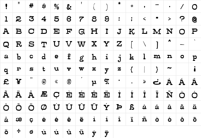 Zudsash Regular  glyph index