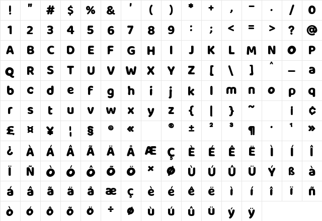 Milky Nice Regular  glyph index