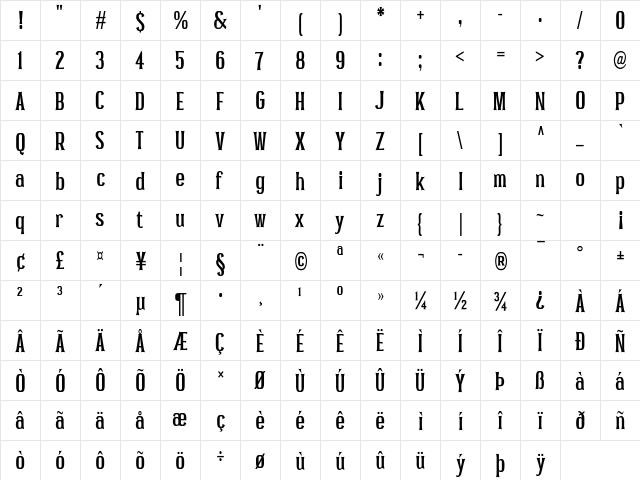 Pocus Primera Regular  glyph index