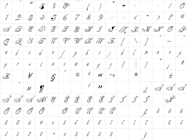 Tsarine Anastasia Script Regular  glyph index