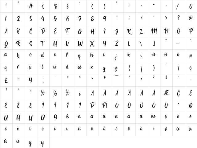 Hysteria Regular  glyph index