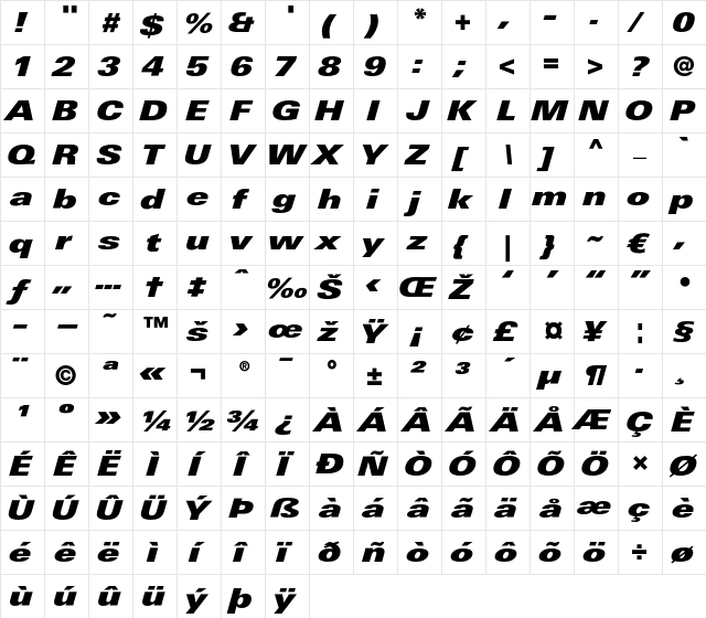 LTUnivers 941 ExtdXBlackIt  glyph index