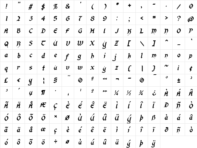 DungeonKeeperII Italic  glyph index