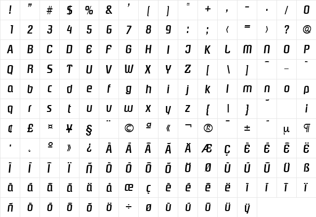 Pasadena-Serial-Medium RegularItalic  glyph index