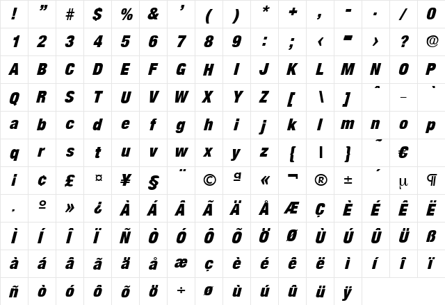 Olnova-HeavyCondIta Regular  glyph index