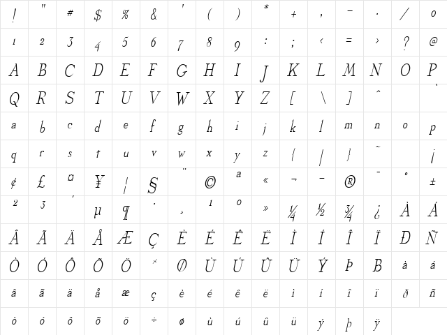 Olympus-Condensed Italic  glyph index