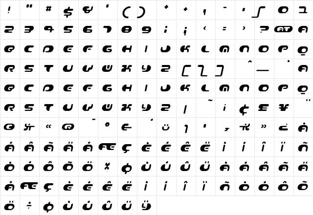 Contour Italic  glyph index